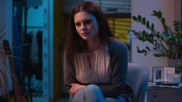 Woman feel stomach ache suffer belly menstrual period spasm Caucasian sick ill girl unwell abdominal pain stressed health problem medical digestion poisoning discomfort painful at home night evening