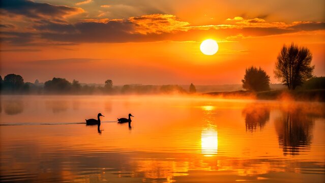 Romantic Sunset with Ducks on a Misty Lake - Powered by Adobe