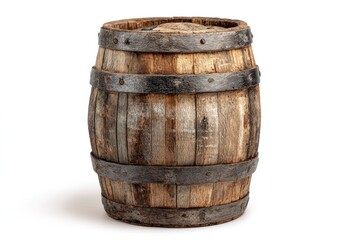 Obraz premium Weathered wooden barrel with metal bands on a white background
