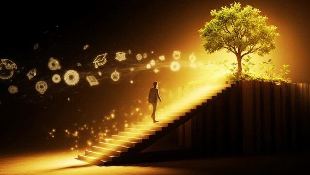 Man ascending golden staircase toward glowing symbolic tree of knowledge