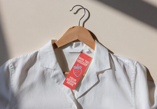 Mockup of hang tag on White Shirt Displayed on Wooden Hanger