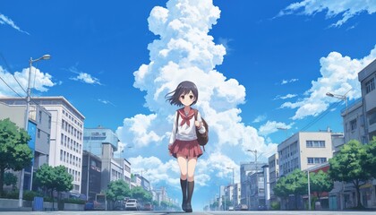 Anime girl in school uniform walks down a sunny city street. She carries a backpack, looking thoughtful. Blue sky with fluffy clouds dominates background. Urban setting with buildings and trees.