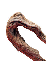 A weathered, curved driftwood branch with detailed texture isolated on white isolated on transparent background