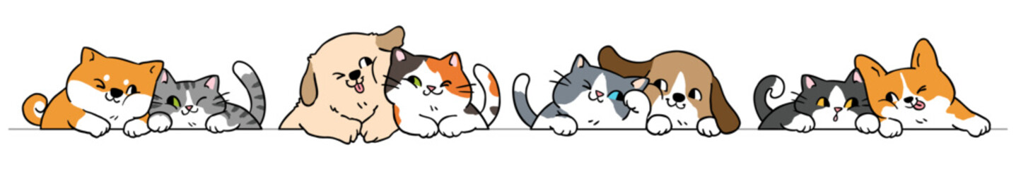Vector Illustration of Cartoon Dog and Cat Couples on Isolated Background. Hand Drawn Vector Illustration. 