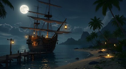 A majestic old sailing ship glides through the calm sea at night, its tall masts forming a silhouette.