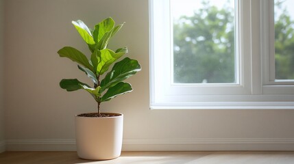 Fototapeta premium Serene Fiddle Leaf Fig in Sunlight: Minimalist Interior Plant Photography