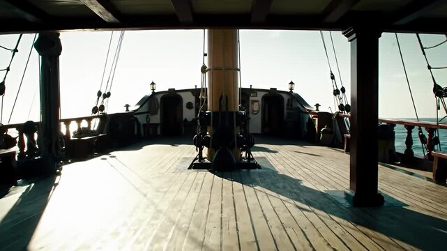 Looking along the aged wood deck of a tall ship towards the horizon on a sunny day