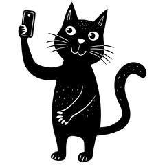 Cartoon Cat Taking Selfie with Smartphone Silhouette
