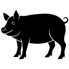 Smiling Pig Standing Profile View in Black Silhouette