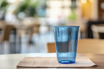 Light-blue drinking glass on a beige placemat.