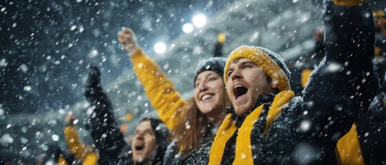 Passionate Fans Celebrating in Snowy Stadium