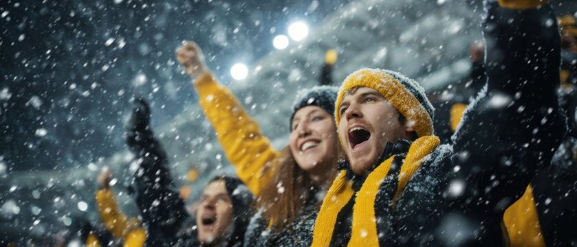 Passionate Fans Celebrating in Snowy Stadium