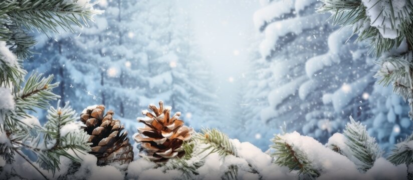 Beautiful Winter Landscape with snovy Fir Tree Branches and Cones in Snowy Forest. Christmas and New Year greeting card