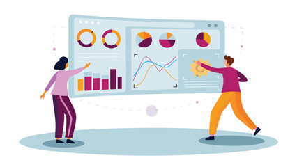 Fototapeta premium People analyzing data on a screen with charts, graphs, and a gear, for business insights and analysis