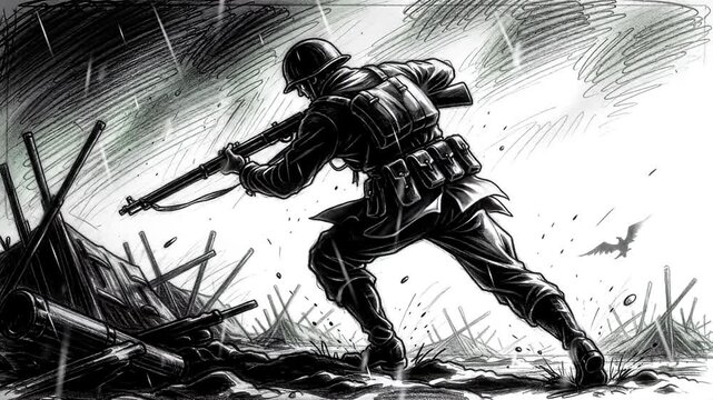 Soldier runs through a battlefield in the rain, depicted in a sketch style