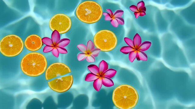 Tropical Refreshment: Citrus Slices and Frangipani Flowers Floating in Clear Water