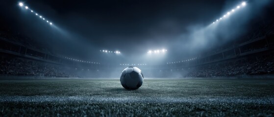 Night Football Stadium: A Solitary Soccer Ball Under Lights