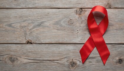 Vibrant red ribbon, symbol of HIVAIDS awareness, rests on rustic wood. Satin texture promotes support, compassion, education for public health programs, community empowerment, activism against stigma.