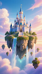 Fantasy castle on a floating island in the sky, dreamy colors