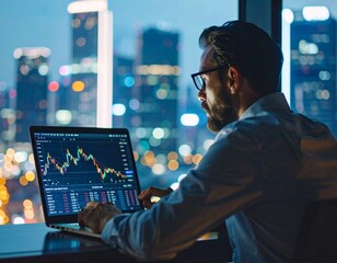 Focused financial trader analyzing stock market data on a laptop in a city cafe at night. Fintech, investment, and remote work.