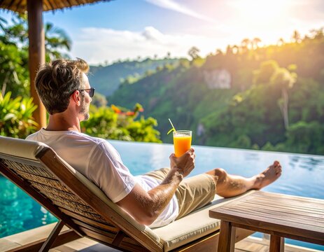 Man relaxing by an infinity pool overlooking a jungle. Luxury travel, vacation, and digital nomad lifestyle.