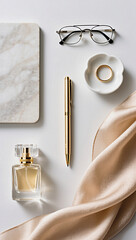 Flat lay of elegant objects on white background, aesthetic moodboard