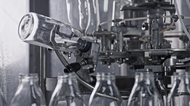 Glass bottles are being rinsed and cleaned by an automated machine on a conveyor belt in a dairy factory, preparing them for filling with milk or other beverages