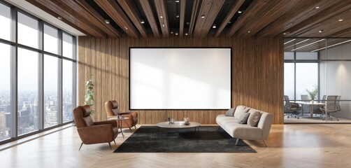 Modern office meeting space featuring large projection screen, contemporary furniture, panoramic city views through expansive windows. Natural wood paneling, minimalist design create comfortable,