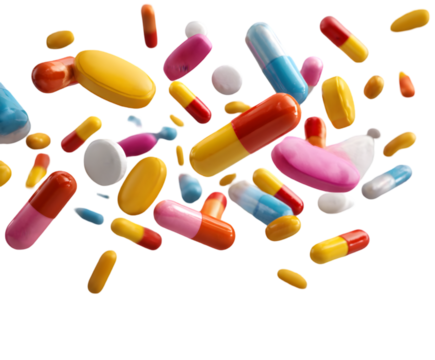 Multicolored pills and capsules, pharmaceutical drug assortment falling gently, medical treatment diversity on transparent background