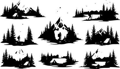 Obraz premium hiking, man mountains, nature, forest, vector bundle