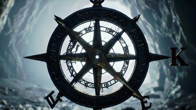 Ornate compass with runic script hangs in a misty cave, guiding exploration