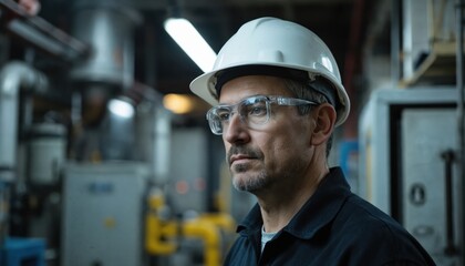 Man with white hard hat, safety glasses working in factory. Focused engineer or builder wearing protective gear on industrial site. Represents construction, manufacturing, occupational safety themes.