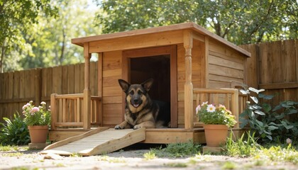 German Shepherd dog relaxes on wooden porch ramp of charming dog house. Outdoor pet habitat features fenced backyard, potted flowers, summer plants. Comfortable canine home with accessible entrance.