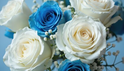 Close-up arrangement of white, blue roses with delicate white filler flowers. Beautiful floral bouquet offers elegant selection for Valentine Day, weddings, spring decorations. Natural looking fake