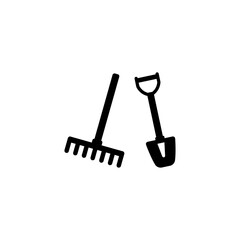 Simple black icons of rake and shovel. Minimalist design for gardening and agriculture concepts