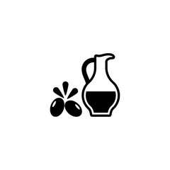 Simple black icons of an olive oil jug and olives. Minimalist design for cuisine concepts