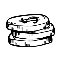 3 coins stack, doodle drawing money vector illustration, isolated, black line on a white background