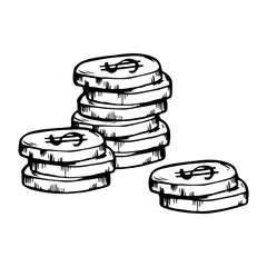 Coins stacks drawing, coin pile, doodle vector illustration, outline, black line on a white background