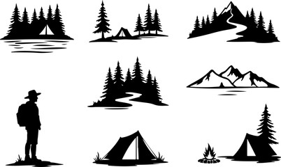  hiking, man  mountains, nature, forest,  vector bundle