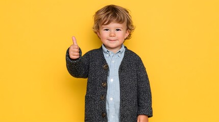 Young boy smiles giving a thumbs up gesture against a yellow background.