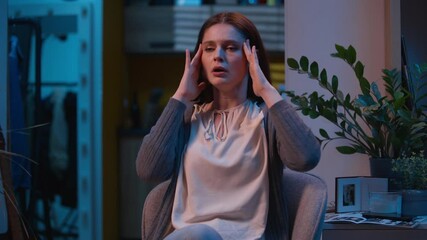 Caucasian woman suffer headache heart attack pain in chest sick ill unwell girl female at night evening home feel stress health problem ache heartache hurt in breast symptom cardiac pressure medicine - Powered by Adobe