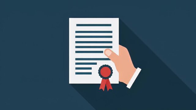 Image shows a hand holding a certificate with a red seal against a dark blue background