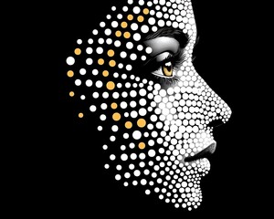 A stylized portrait depicts a side view of a human face