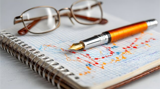 A notebook with a graph and pen, resting on a table.