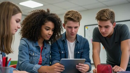 Group of diverse teenage students working together on a digital tablet in a classroom. High school friends collaborating on a project. Modern education and technology. - Powered by Adobe