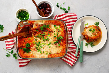 Greek moussaka in a  frying pan . top veiw