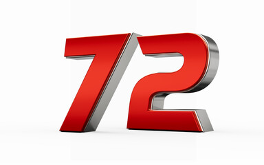 Metallic Red number 72 or Seventy two with silver edges stands on a white background. 3d illustration