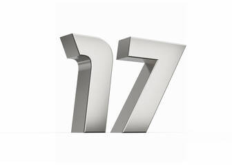 3d Silver number 17 Seventeen sleek metallic look isolated on white background, 3d illustration