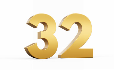 3D Golden number 32 Thirty two isolated on white background, 3d illustration