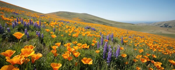 California poppies, lupines bloom vibrantly on sunlit hillside under clear blue sky. Meadow features dense carpet of orange flowers interspersed with purple lupine, stunning natural landscape during